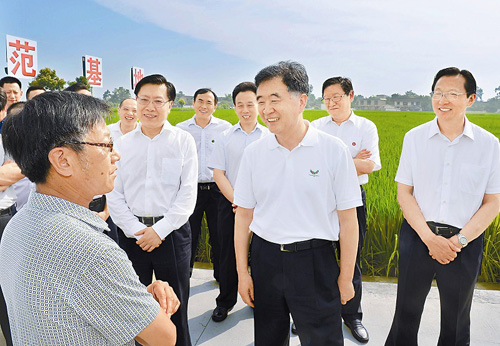 七月二十四日，出席全国加快转变<a  data-cke-saved-href=http://www.todayae.com href=http://www.todayae.com target=_blank class=infotextkey>农业</a>发展方式现场会的中共中央政治局委员、国务院副总理汪洋在省委书记王东明，省委副书记、省长魏宏陪同下，到德阳广汉市连山镇锦花村四川现代粮食产业﹙广汉﹚示范基地调研。.jpg