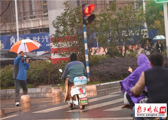 退休老人雨中撑伞劝行人不要闯红灯