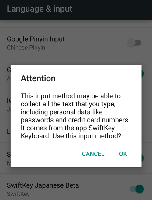 这是一家叫Swiftkey的英国手机软件公司提供的输入法,在安装前明确提示会收集哪些信息 这是一家叫Swiftkey的英国手机软件公司提供的输入法,在安装前明确提示会收集哪些信息