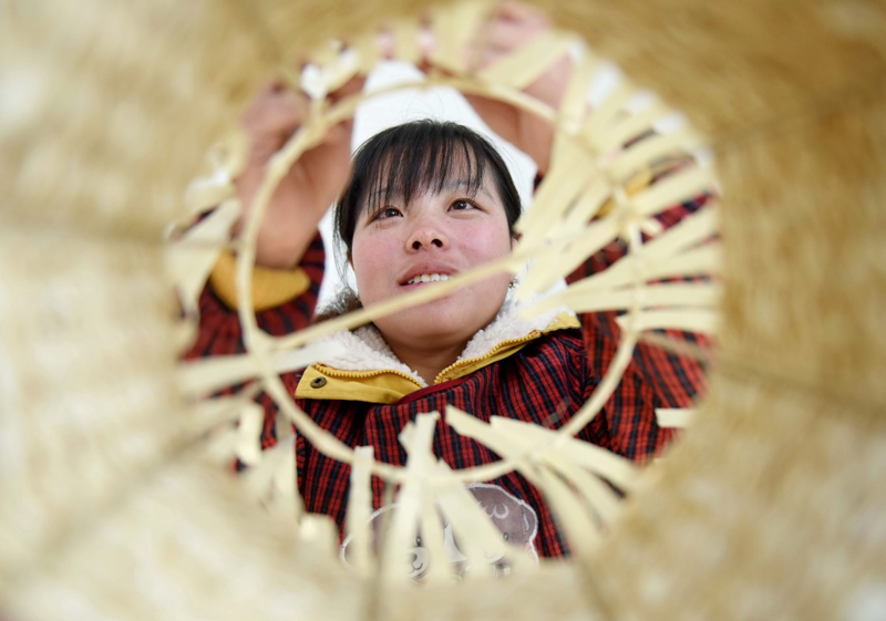 12月5日，柏乡县固城店镇固南村村民在制作草编工艺品。近年来，河北省柏乡县固城店镇固南村村委会引导农民将玉米秸秆、玉米皮“变废为宝”，加工制作手提袋、坐墩、储物架、茶几等草编工艺品。目前，固南村有100多人从事草编工艺品制作，年产值可达500万元。